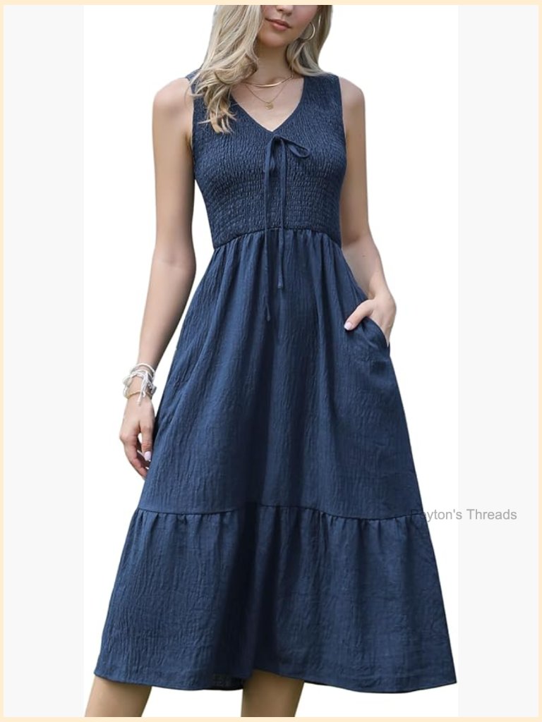 Sleeveless V-Neck Bow Tie Smocked A-Line Tiered Midi Dress With Pockets